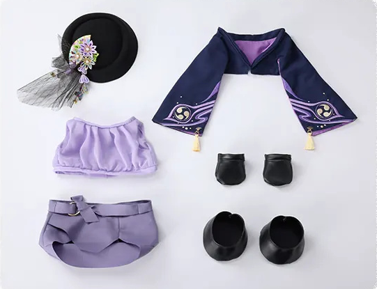 The outfit laid out separately: hat with hair ornament, coat, top, trousers, gloves and shoes