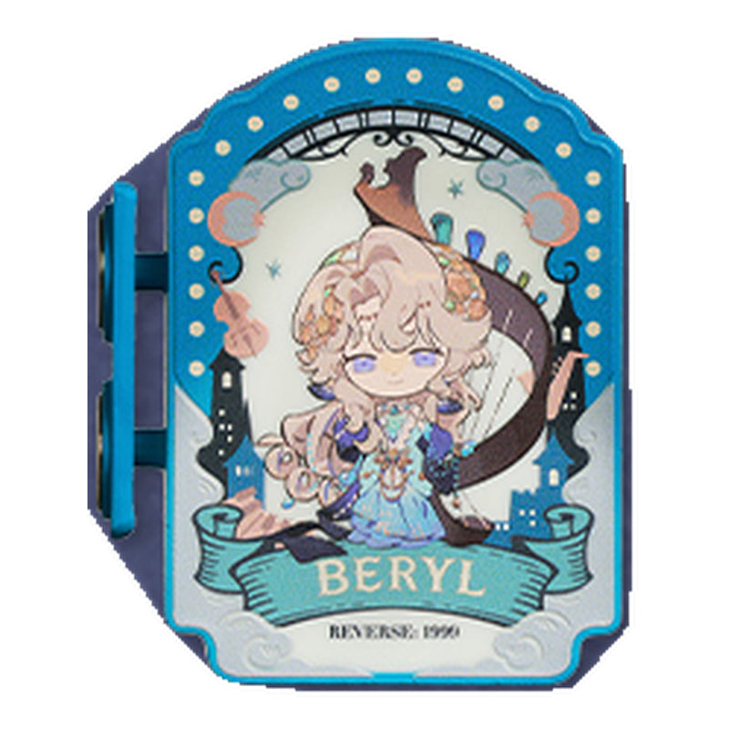Beryl mini lightbox magnet: chibi Beryl with a harp inside a turquoise theatre-sign-style frame