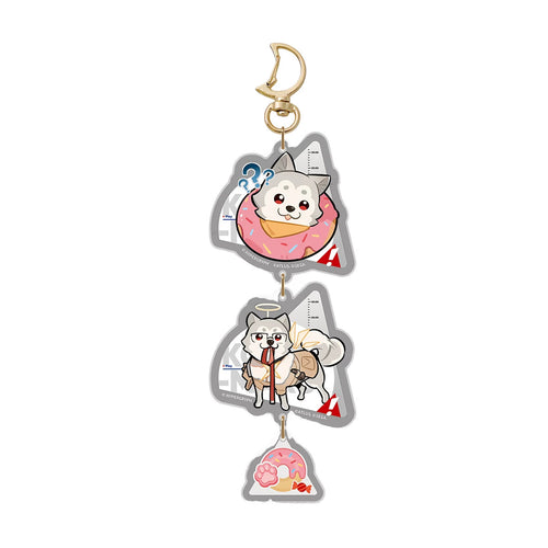 Koromaru chibi acrylic chain keychain with three charms and a crescent-shaped clip