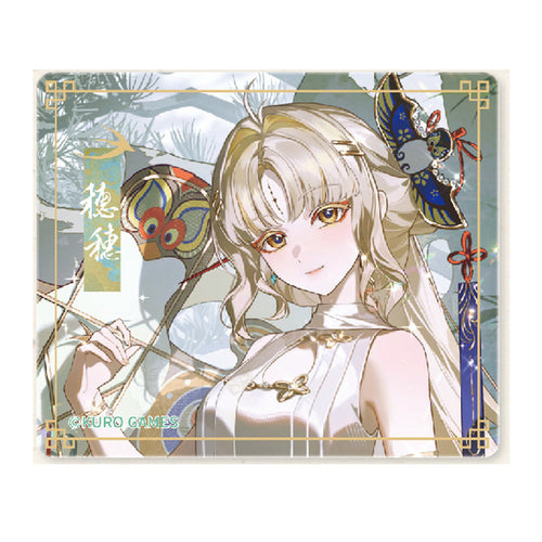 Rectangular acrylic magnet of Suisui holding a kite string, with pine branches, a gold lattice-corner frame and her name