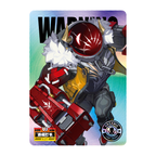 Zenless Zone Zero SHININGSOUL E-211 card. An armored figure with a red helmet, white fur collar and large red weapon appears on a WARNING card.