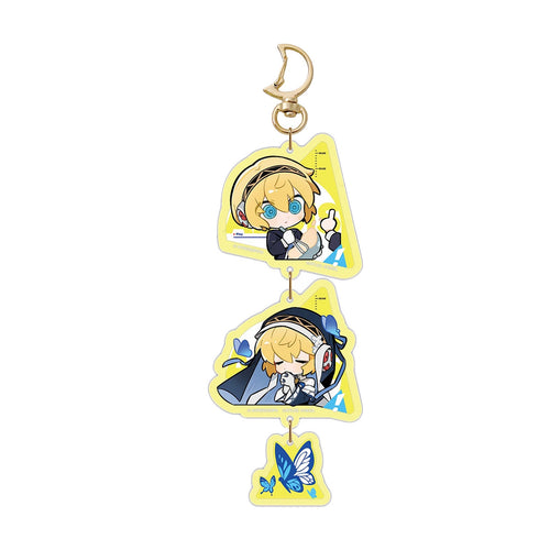 Aigis chibi acrylic chain keychain with three charms and a crescent-shaped clip