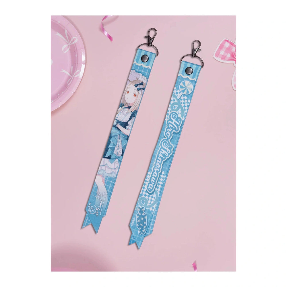 Light-blue ribbon keychain, front and back: Hiro Shinosawa in a blue lolita dress; the back reads Hiro Shinosawa