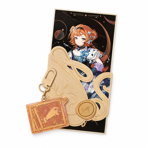 Sonetto ticket with a gold decorative cover and wax-seal motif, plus a orange acrylic keychain