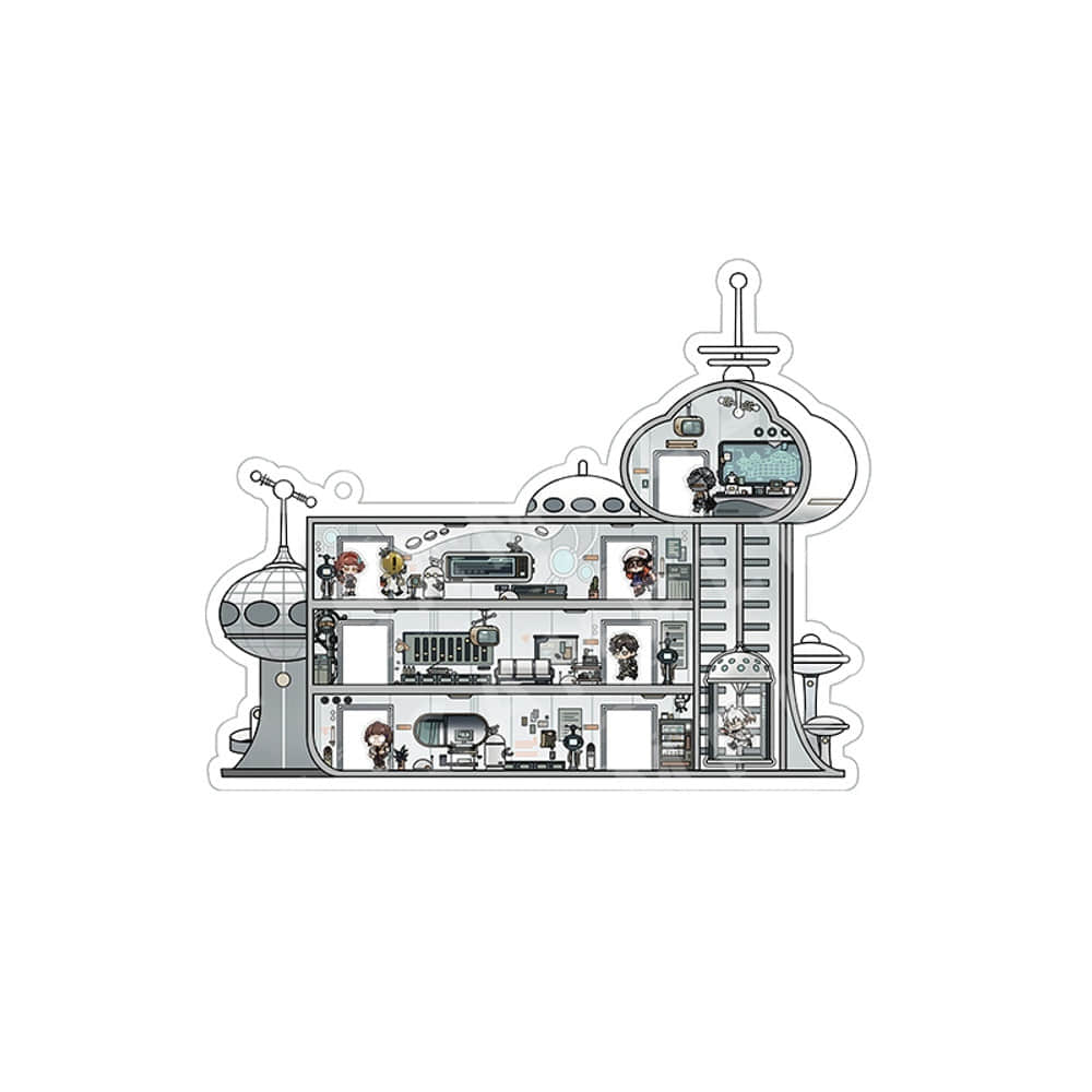 Laplace acrylic maze Vol. 1: cutaway lab building with chibi characters on three floors and an elevator