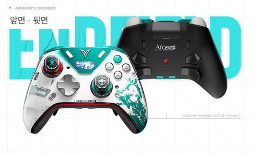 Front and back of the Arcane Edition APEX 6 controller in white and mint, with Arcane lettering on the back
