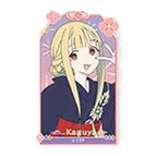 Kaguya in a navy yukata in a pink floral frame