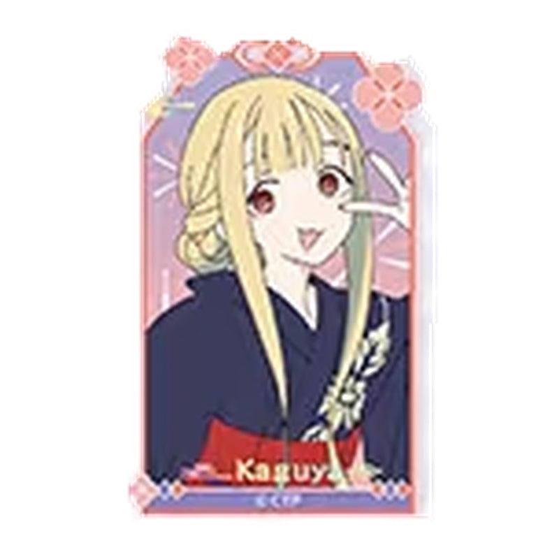 Kaguya in a navy yukata in a pink floral frame