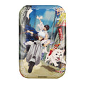 Rectangular badge showing Gintoki on a scooter with Shinpachi behind him and Kagura riding Sadaharu
