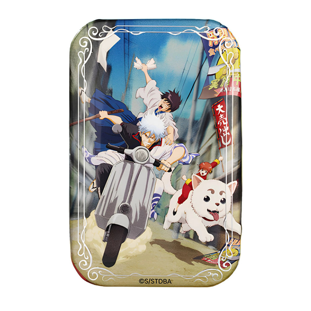 Rectangular badge showing Gintoki on a scooter with Shinpachi behind him and Kagura riding Sadaharu