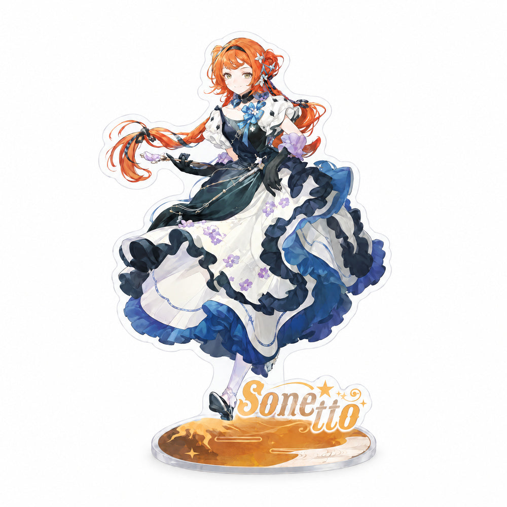Sonetto acrylic stand: Sonetto twirling in a ruffled dress, on a amber base with her name in gold