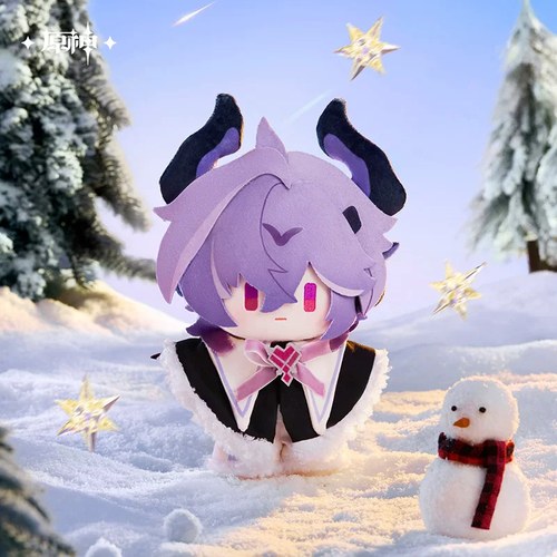 The doll in the snow beside a small snowman and star ornaments (props not included)