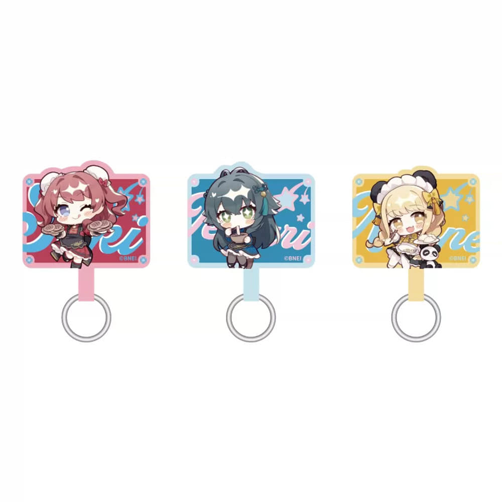Lineup image of the three Gakuen Idolmaster phone strap patches: Saki, Temari and Kotone