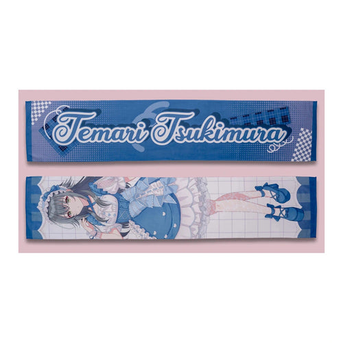 Both sides of the Temari Tsukimura muffler towel: blue name side and full-length lolita-outfit illustration