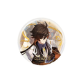 Zhongli button badge: gazing downward amid golden ribbons; gold "Zhongli" lettering