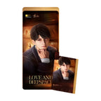 Caleb portrait on an amber cinema-themed ticket holder and matching ticket card