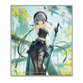 Sanhua shikishi: black beret and crop top, holding a long sword among yellow leaves, name calligraphy at upper right
