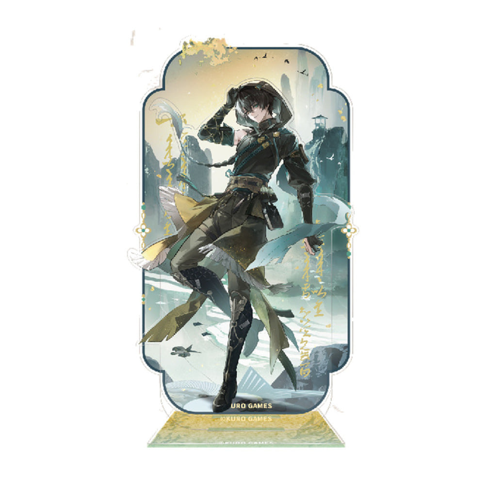 Jingran acrylic stand: dark green hooded outfit and a long braid, one hand at his hood, misty cliffs behind, on a pale gold base