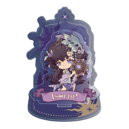 Isolde SD acrylic stand: chibi Isolde with a hand drum in an arched starry frame with a lilac name banner