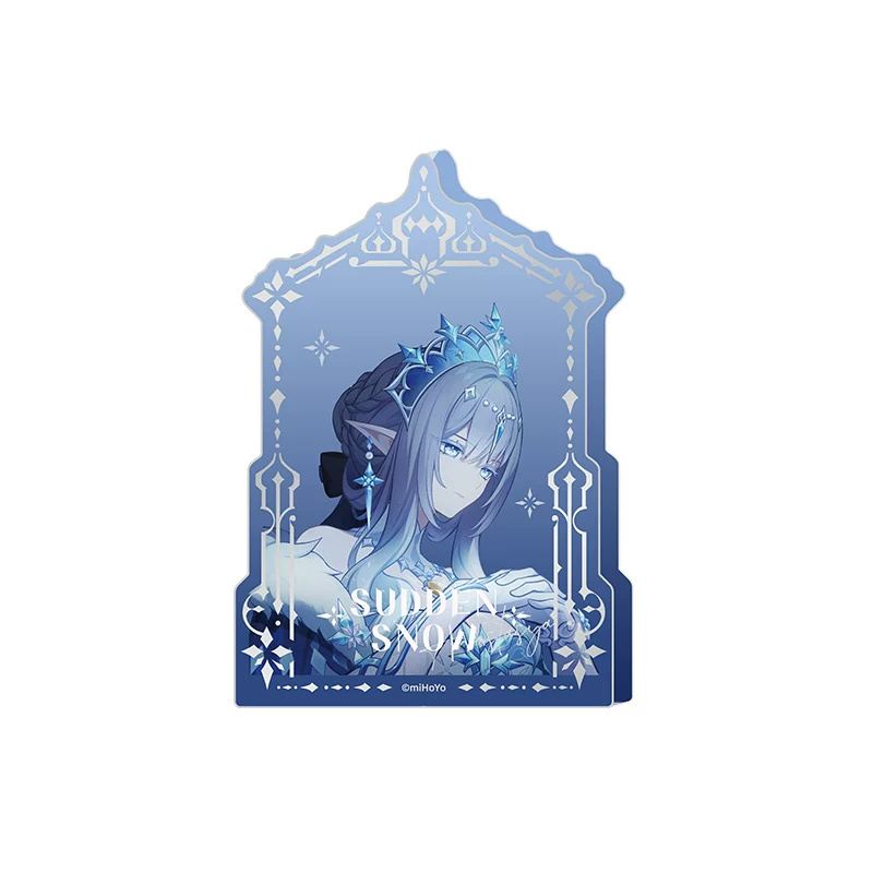 Anastasya acrylic block: portrait with an ice-crystal crown in a blue arched frame with the SUDDEN SNOW logo