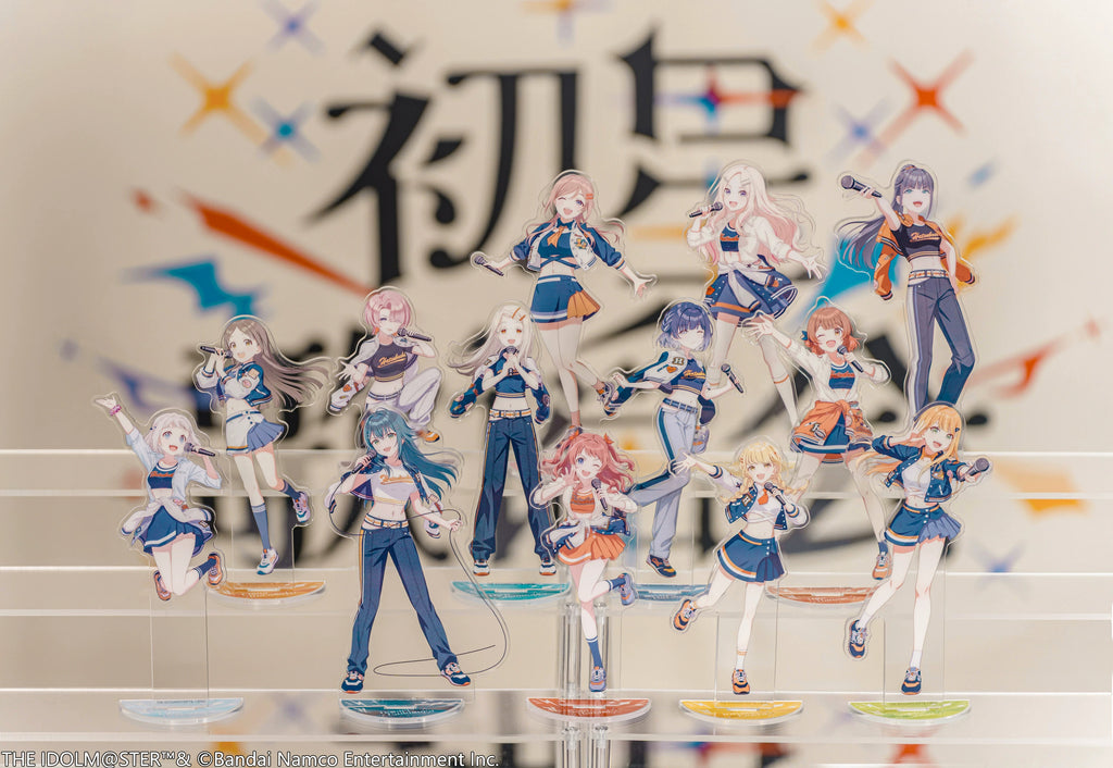 All 13 Hatsuboshi Music Festival acrylic stands displayed together, including Lilja Katsuragi