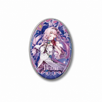 Oval Denia badge with a silver-coloured rim, purple decorative border and character portrait.