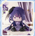 Raiden Shogun doll seated among purple flowers and grapes (props not included)
