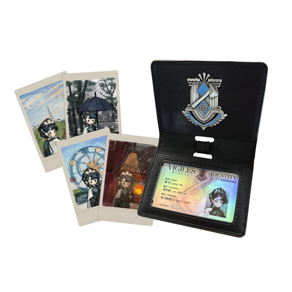 Liang Yue set: black card holder with a metal crest, holographic Vigiles Bureau ID card and four photo cards