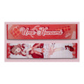 Both sides of the Ume Hanami muffler towel: red name side and full-length lolita-outfit illustration