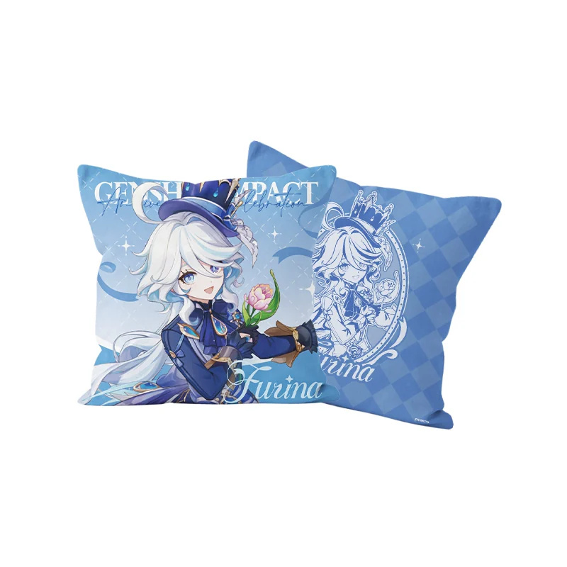Furina cushion cover, front and back: Furina in a top hat with a pink flower; line portrait on a blue check