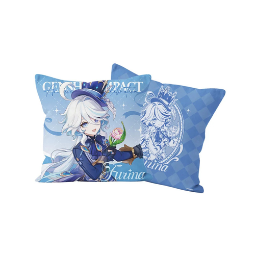 Furina cushion cover, front and back: Furina in a top hat with a pink flower; line portrait on a blue check