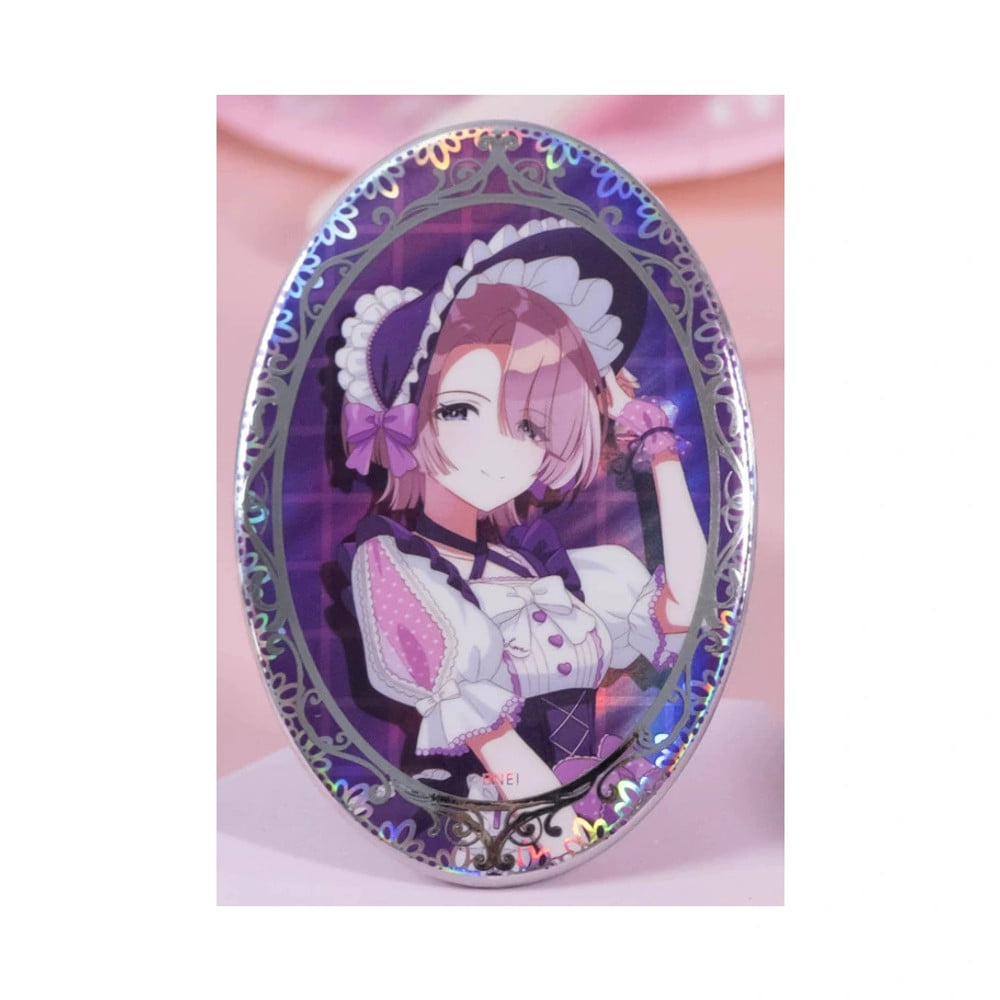 Close-up of the Mao Arimura oval holographic badge in a silver ornamental frame