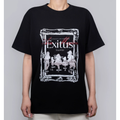 Black Exitus Taipei T-shirt worn, front print with an ornate frame and five member silhouettes