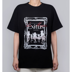 Black Exitus Taipei T-shirt worn, front print with an ornate frame and five member silhouettes