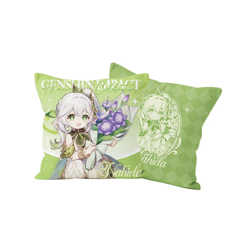 Nahida cushion cover, front and back: Nahida with purple flowers; line portrait on a light green check
