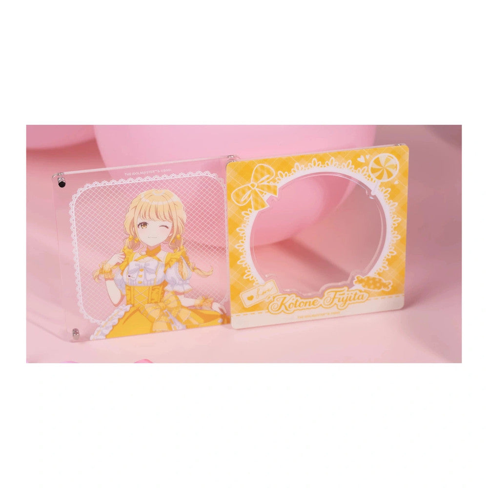 Magnet parts: clear panel with Kotone Fujita winking in a yellow lolita dress; yellow check frame with her name