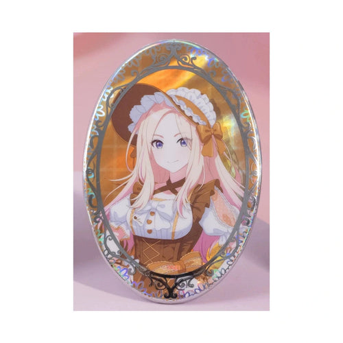 Close-up of the Sena Juo oval holographic badge in a silver ornamental frame