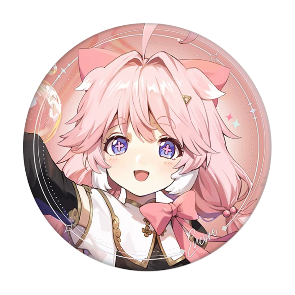 Encore 65 mm round button badge; selected-character product view.