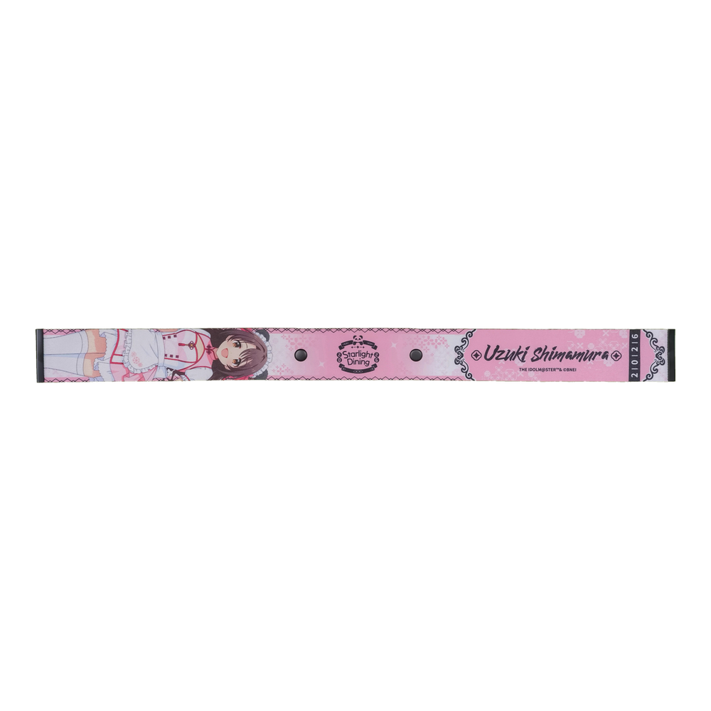 Uzuki Shimamura Starlight Dining ribbon strap, front: illustration, event logo, name and two snap buttons