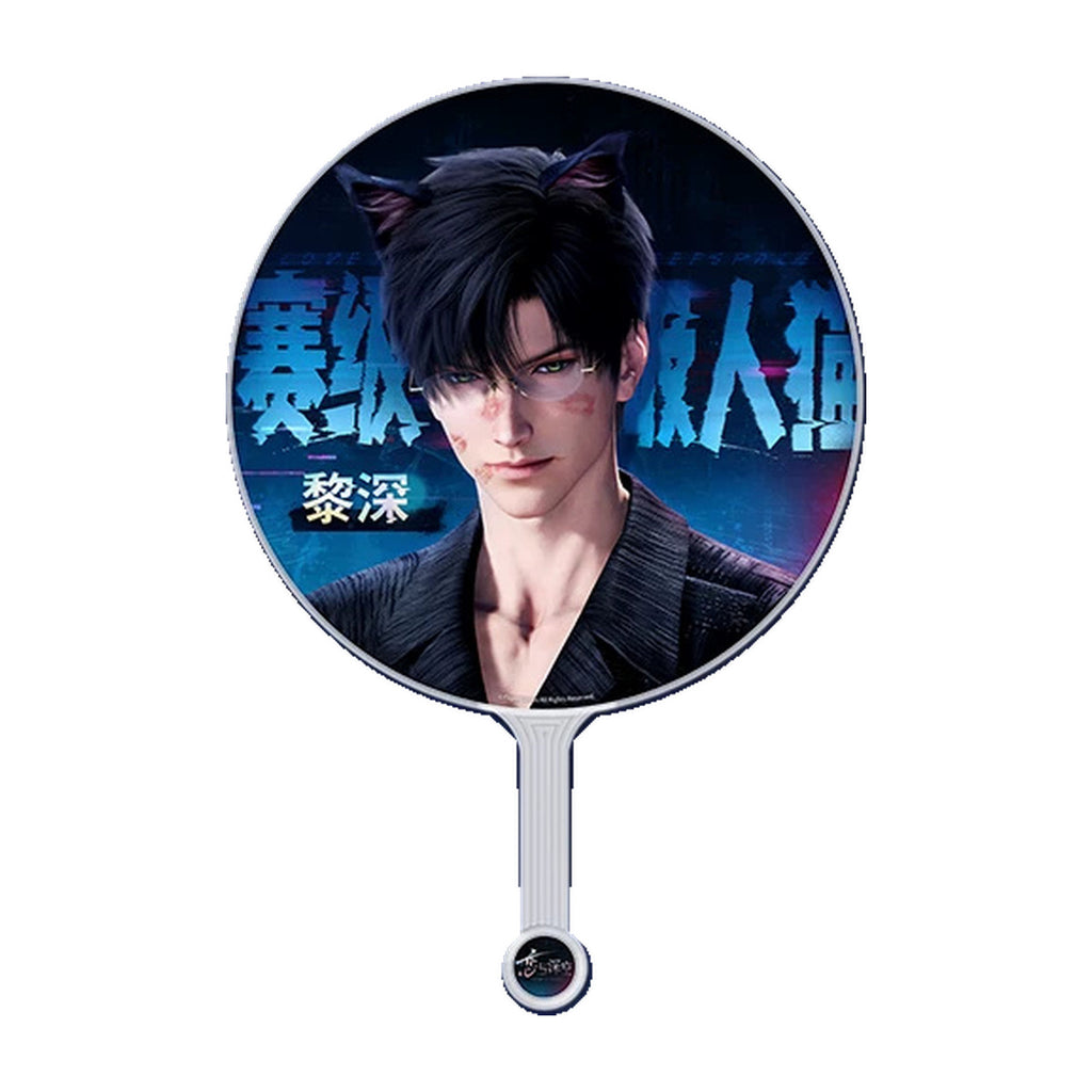 Round Zayne portrait fan with blue lettering and a long handle