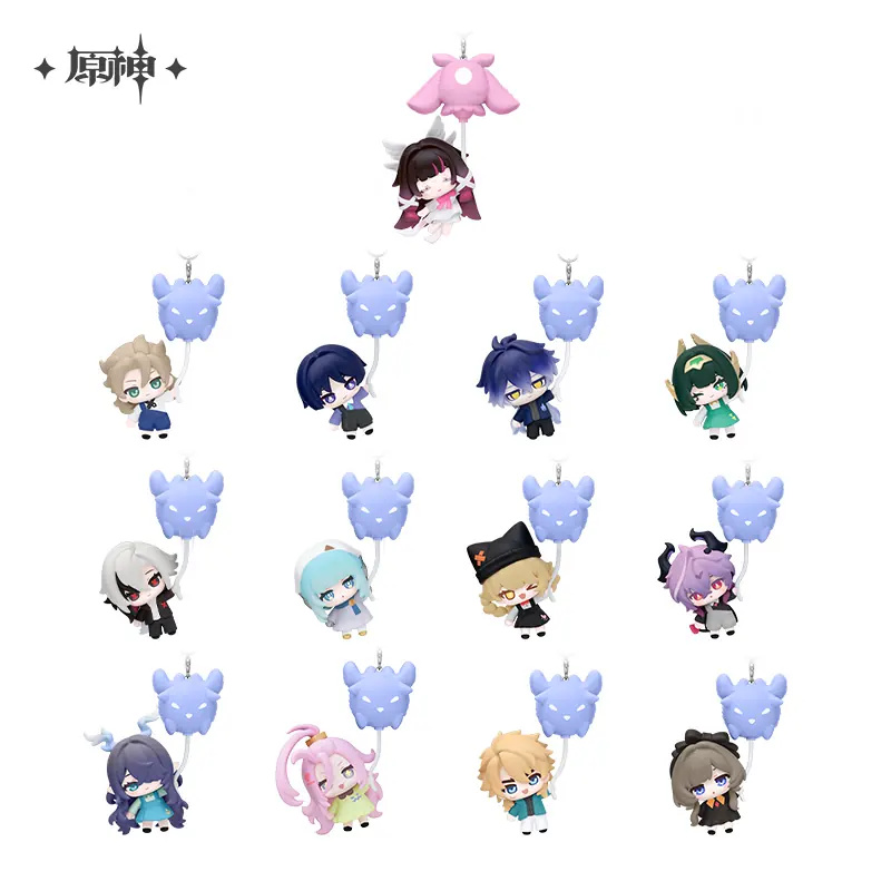 Lineup of the 12 regular designs and the hidden Columbina design, each hanging from a balloon