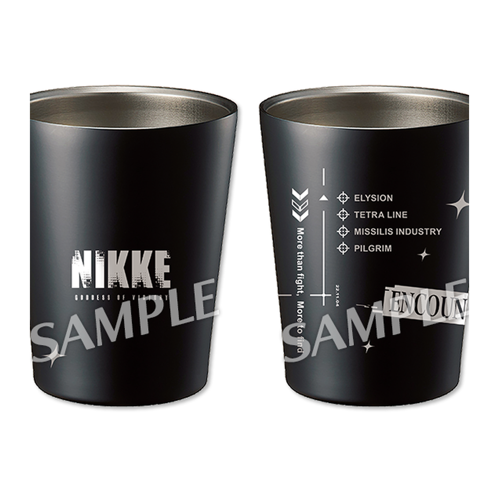 GODDESS OF VICTORY: NIKKE Black NIKKE logo tumbler shown from the front and reverse — view 1