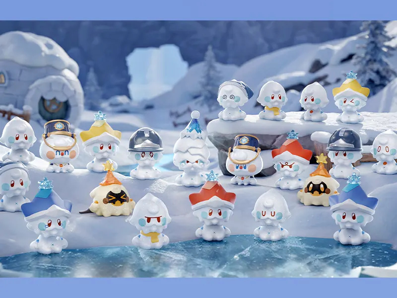 Lineup of Jack Frost mini figures in hats, helmets and scarves on a snowy set with a snow house