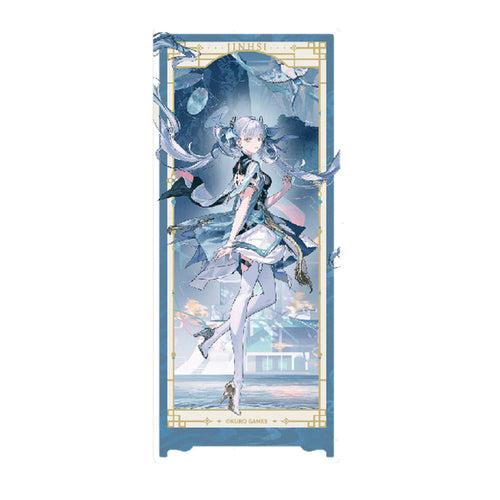 Jinhsi folding-screen magnet: tall acrylic panel with a steel blue border and JINHSI at the top, Jinhsi poised on one foot