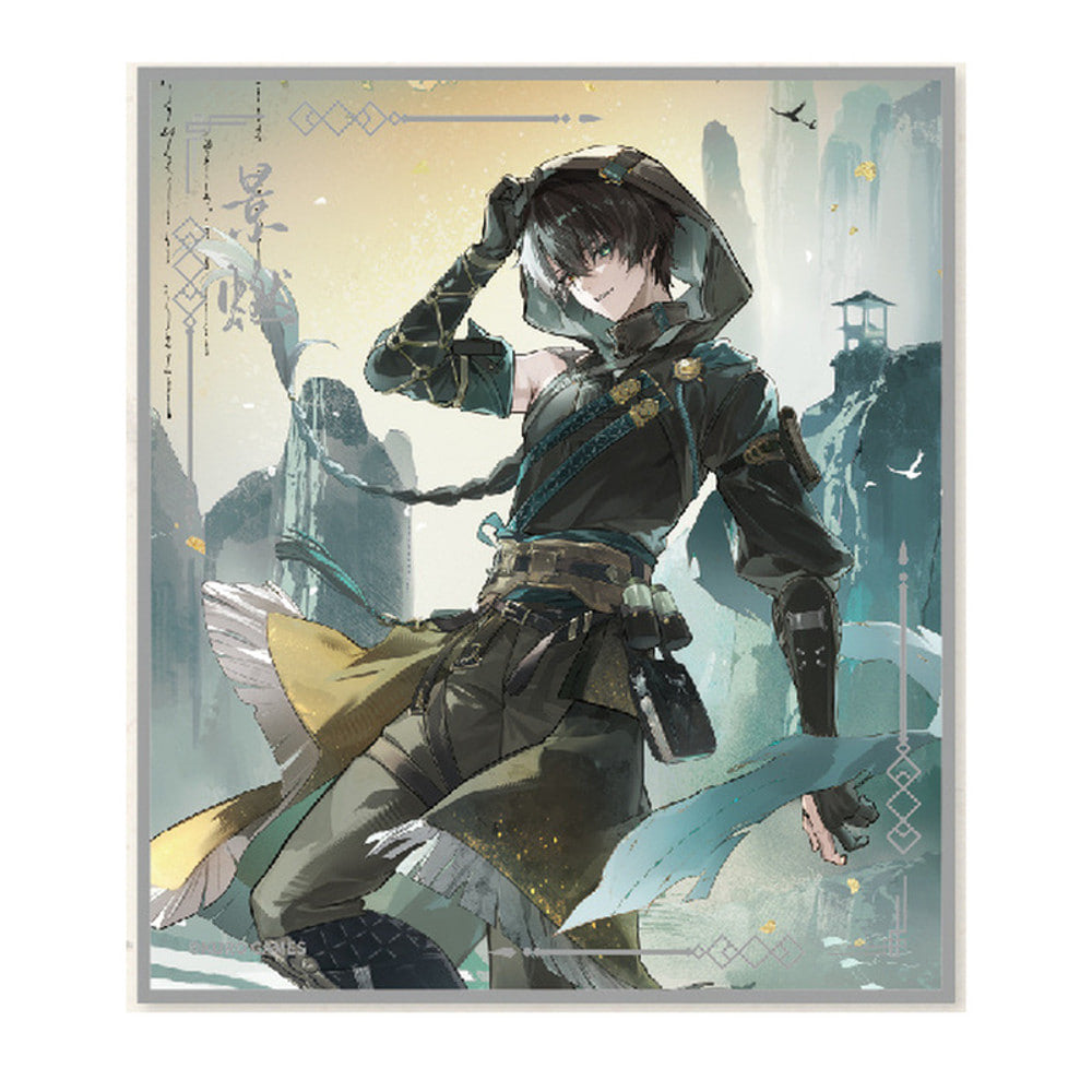 Jingran shikishi: smiling in a dark hooded outfit, one gloved hand at his hood, misty cliffs behind, name calligraphy at upper left