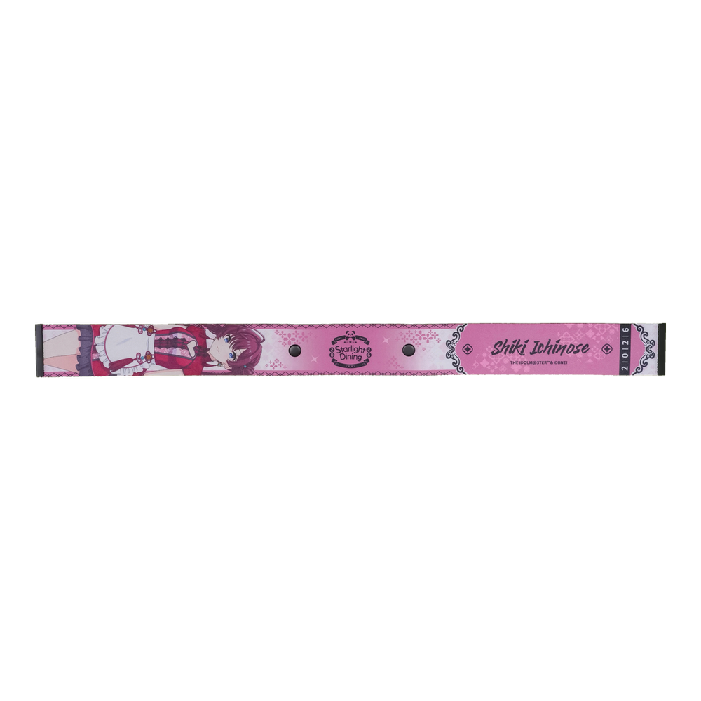 Shiki Ichinose Starlight Dining ribbon strap, front: illustration, event logo, name and two snap buttons