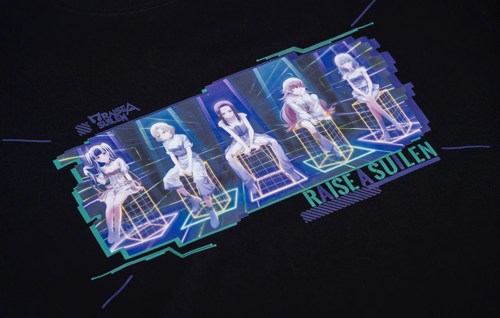 Close-up of the front print with the RAISE A SUILEN logo