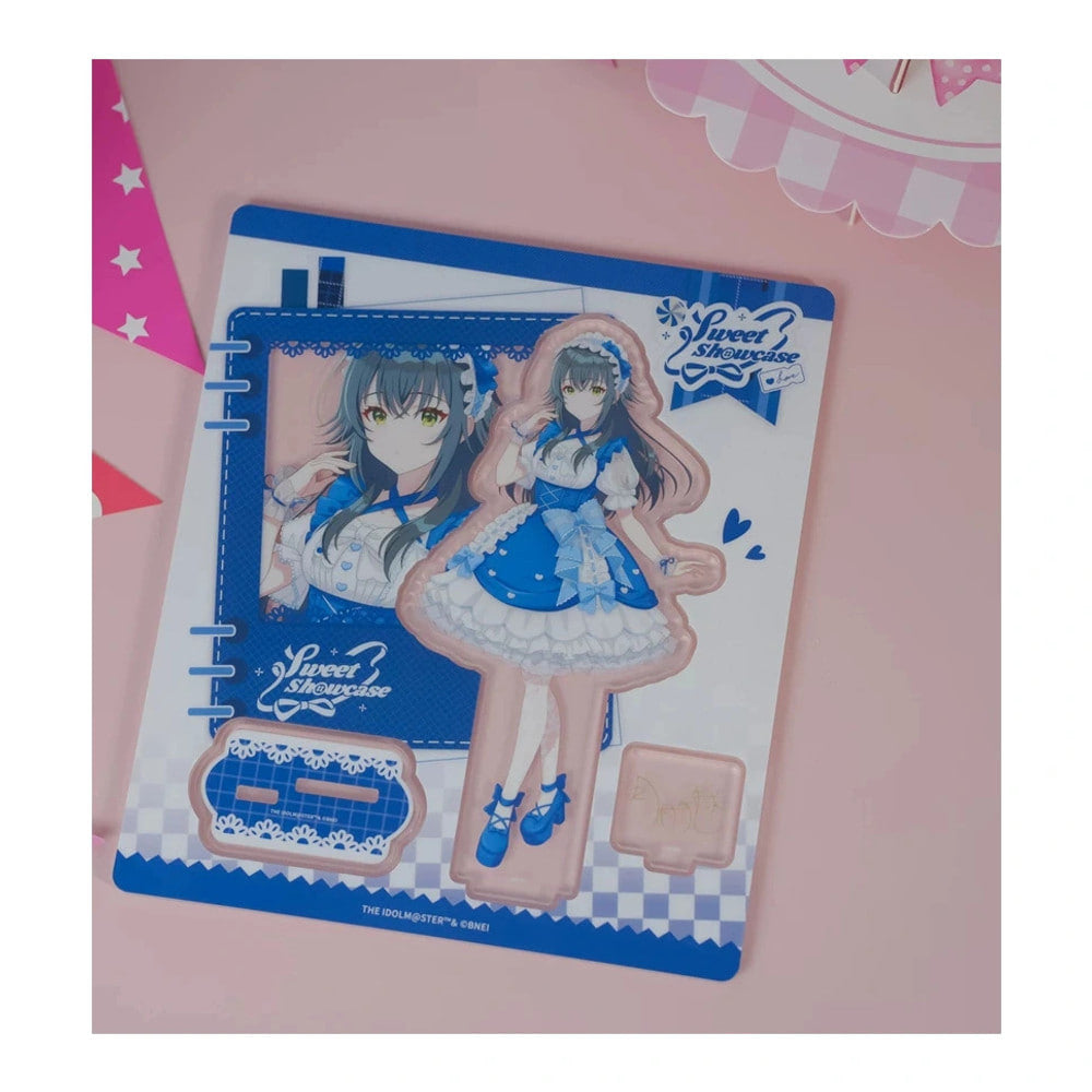 Acrylic stand parts on the printed sheet: Temari Tsukimura figure in a blue lolita dress, base and signature plate