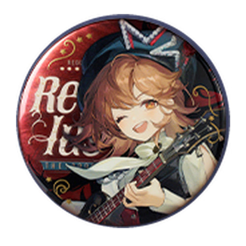 Round Regulus can badge: a winking Regulus holding a guitar, with decorative name lettering
