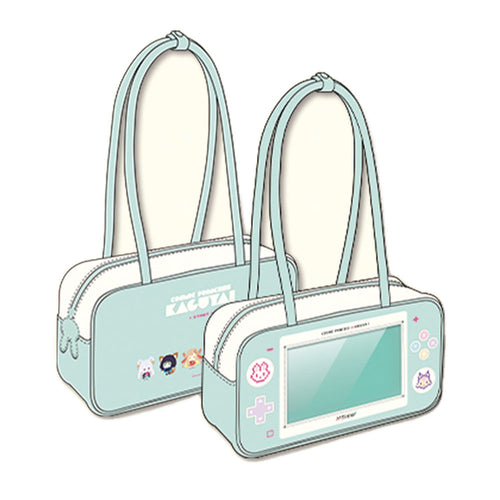 Pixel ita-bag, back and front: mint console-style front with a screen window and buttons; back with logo and three pixel chibis